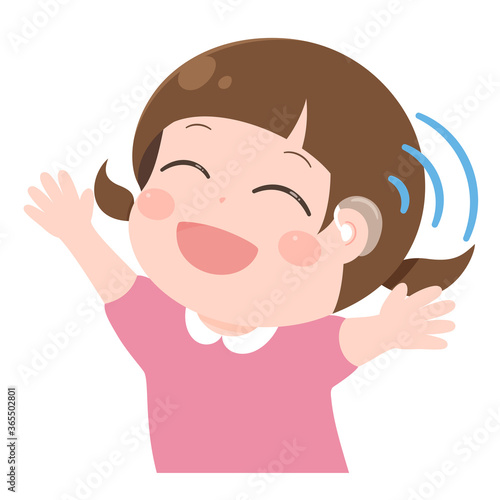 補聴器で音が聴こえて喜ぶ女の子のイラスト