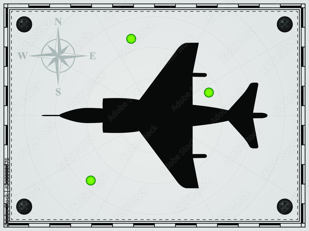 Airplane on a map background with radar elements. Aircraft. Wind rose ...