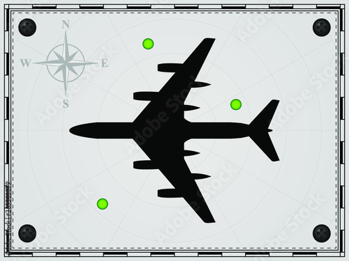 Airplane on a map background with radar elements. Aircraft. Wind rose. Vector illustration.