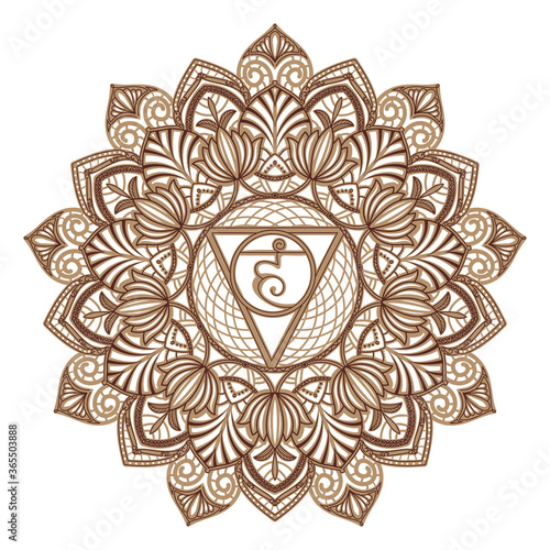 Vishuddha - the fifth guttural chakra. Sacral sign. Meditation Vishuddha. Throat chakra. Symbol of the fifth human chakra. Vector illustration.Yoga, meditation, reiki. suitable for laser cutting