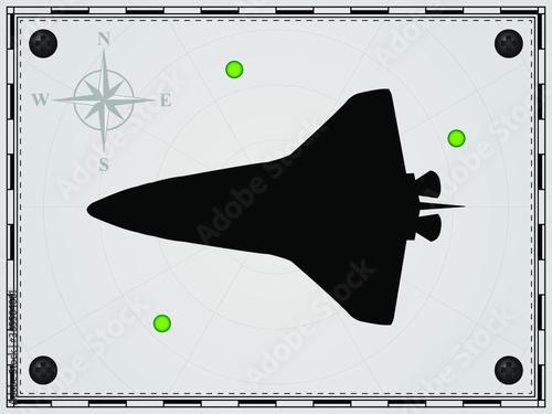 Airplane on a map background with radar elements. Aircraft. Wind rose. Vector illustration.