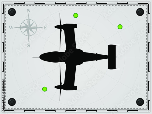 Airplane on a map background with radar elements. Aircraft. Wind rose. Vector illustration.