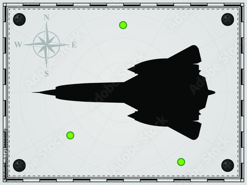 Airplane on a map background with radar elements. Aircraft. Wind rose. Vector illustration.