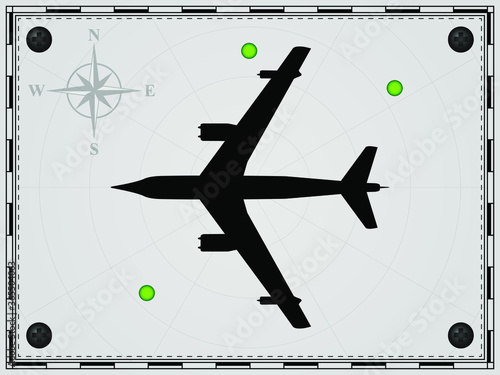 Airplane on a map background with radar elements. Aircraft. Wind rose. Vector illustration.
