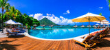Relaxing holidays in tropical paradise. Mauritius island. Luxury resort territory with swim pool, Flic en Flac beach