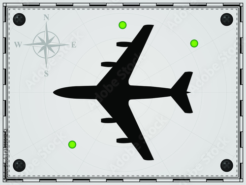 Airplane on a map background with radar elements. Aircraft. Wind rose. Vector illustration.