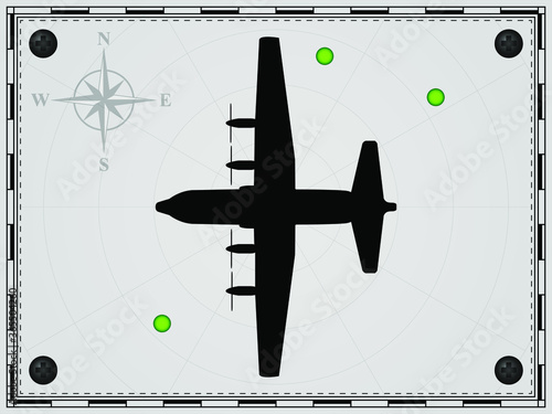 Airplane on a map background with radar elements. Aircraft. Wind rose. Vector illustration.