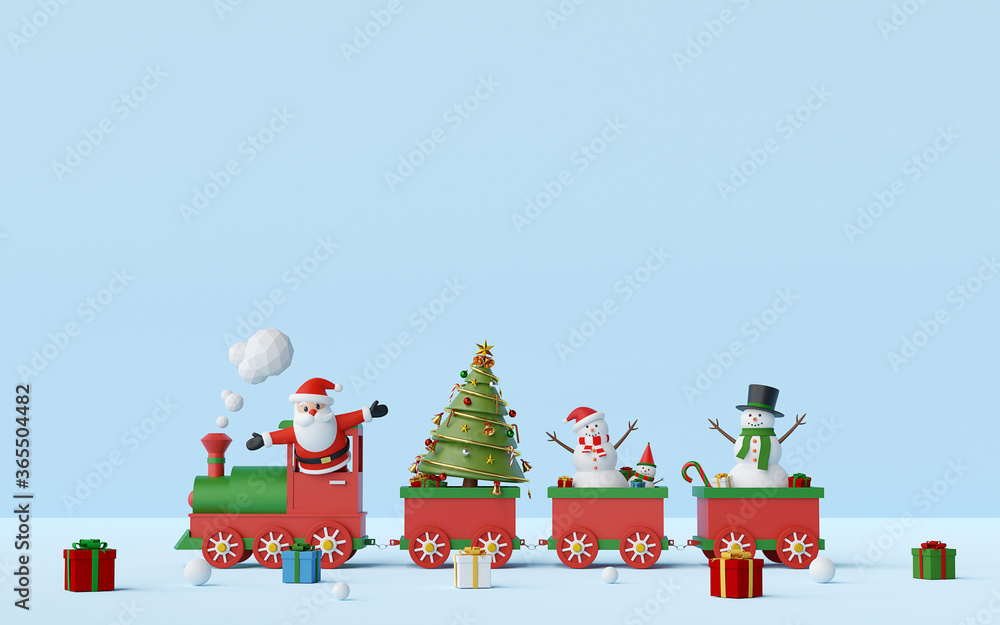 Merry Christmas and Happy New Year, Santa Claus and Snowman on Christmas train with gifts on a blue background with copy space, 3d rendering