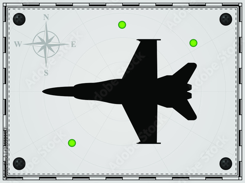 Airplane on a map background with radar elements. Aircraft. Wind rose. Vector illustration.