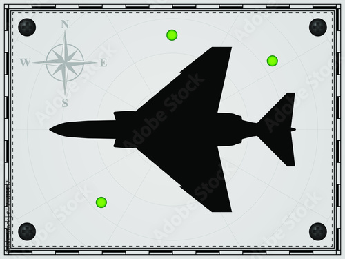 Airplane on a map background with radar elements. Aircraft. Wind rose. Vector illustration.