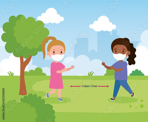 back to school for new normal lifestyle concept, girls wearing medical mask and social distancing protect coronavirus covid 19, on outdoor vector illustration design