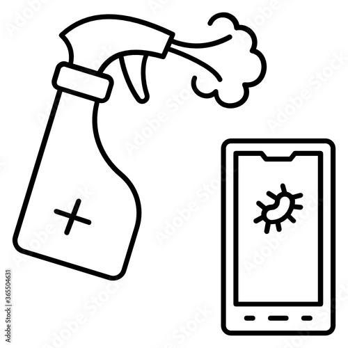Mobile phone spray disinfectant concept vector icon Design. Disinfecting and Decontamination Service  symbol on white background 