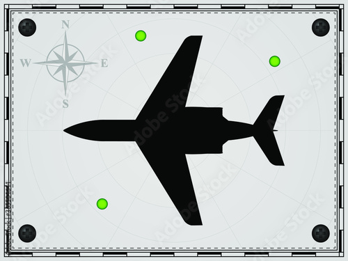 Airplane on a map background with radar elements. Aircraft. Wind rose. Vector illustration.