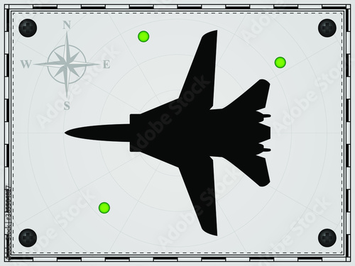 Airplane on a map background with radar elements. Aircraft. Wind rose. Vector illustration.