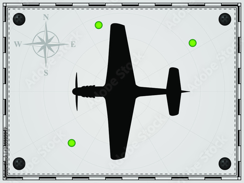 Airplane on a map background with radar elements. Aircraft. Wind rose. Vector illustration.