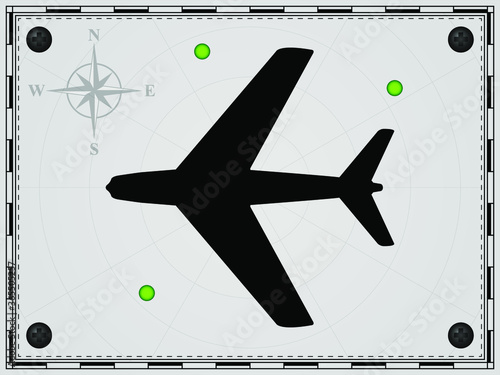 Airplane on a map background with radar elements. Aircraft. Wind rose. Vector illustration.