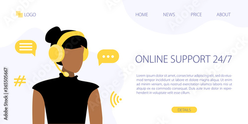 Vector illustrationf of black woman working in online web support. Online support consultant 24/7. Web site page template. Working at home concept.