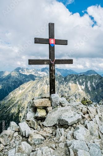 Slovak double cross. Krivan peak, High Tatras mountains, Slovakia