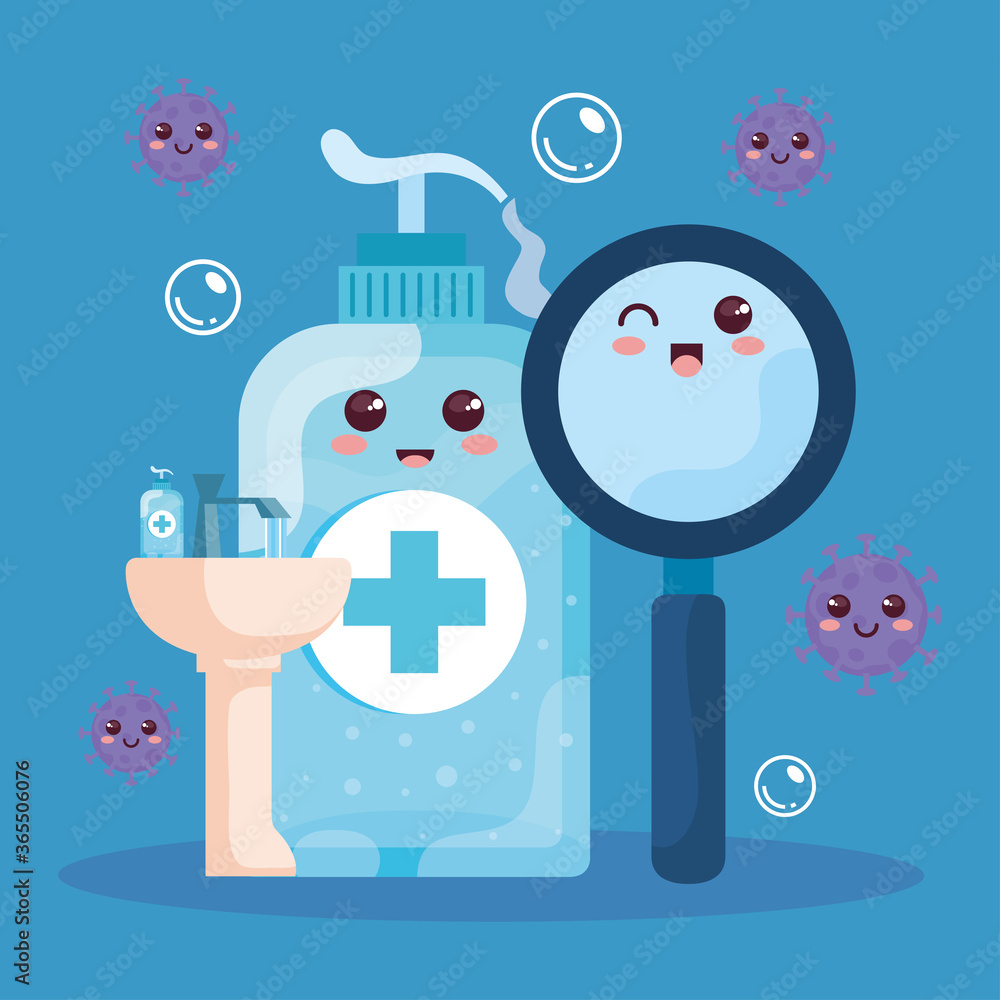 bottle disinfection, cute magnifying glass and hand wash bathroom, kawaii style vector illustration design bottle disinfection, cute magnifying glass and hand wash bathroom, kawaii style vector illustration design