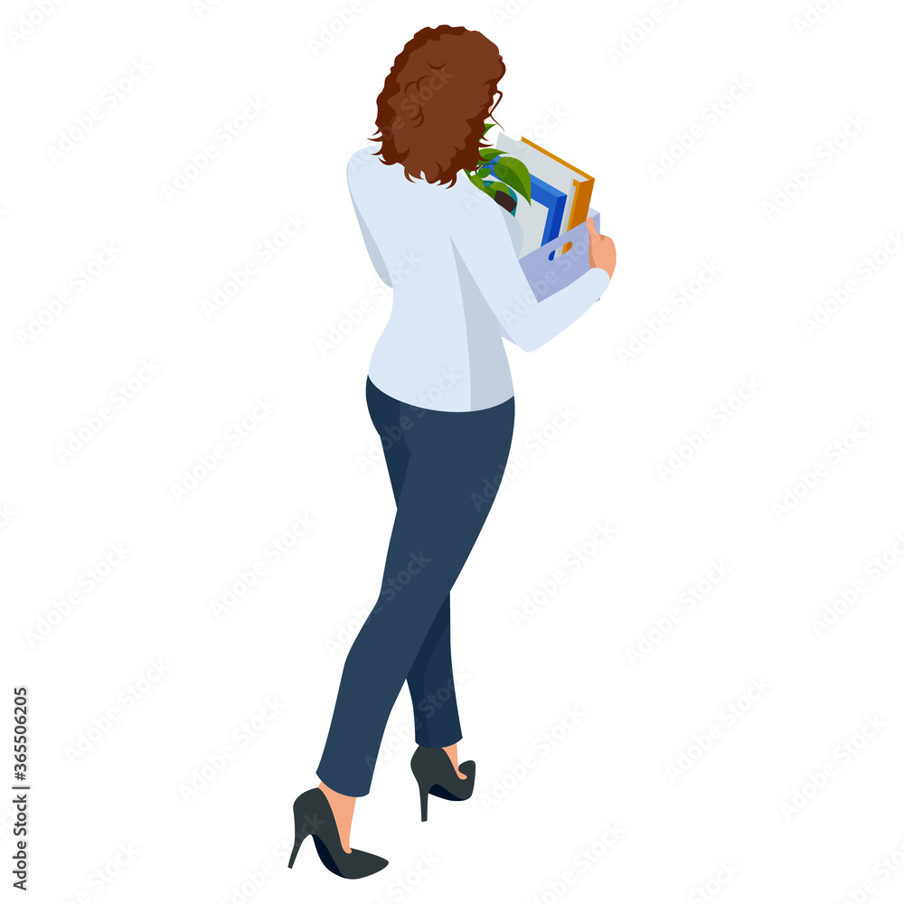 Isometric Business women stylish isolated on white. Business ladies, business woman character pose, dismissal, sadness, job search, unemployment Isometric Business women stylish isolated on white. Business ladies, business woman character pose, dismissal, sadness, job search, unemployment