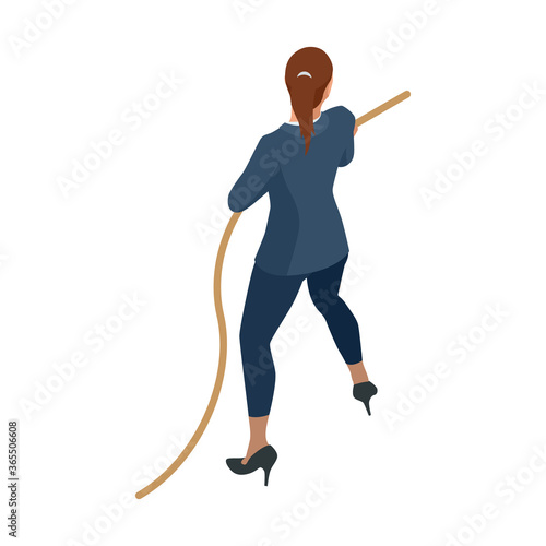 Isometric Business women stylish isolated on white. Business ladies, business woman character pose. Businesswoman pulls the rope, Tug of war and symbol of rivalry.