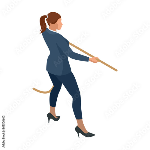 Isometric Business women stylish isolated on white. Business ladies, business woman character pose. Businesswoman pulls the rope, Tug of war and symbol of rivalry.