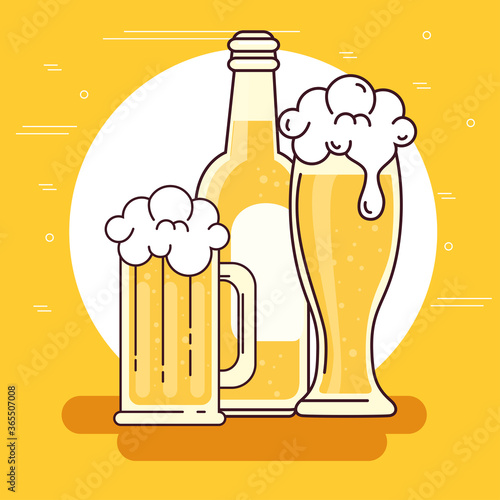 mug, glass and bottle of beer on yellow background vector illustration design