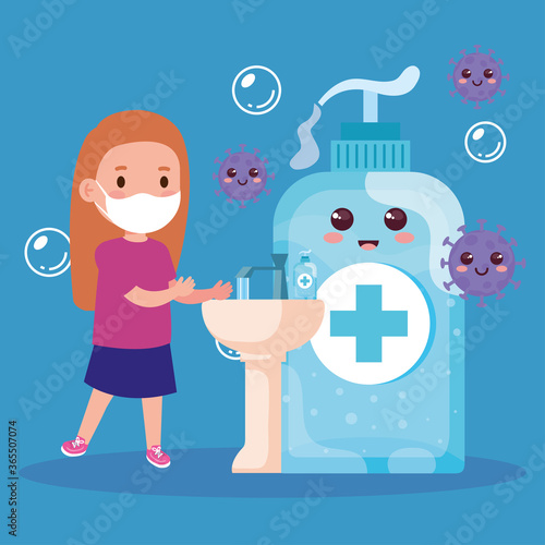 prevent covid 19, wearing medical mask, wash your hands, girl wearing protective mask concept illustration design