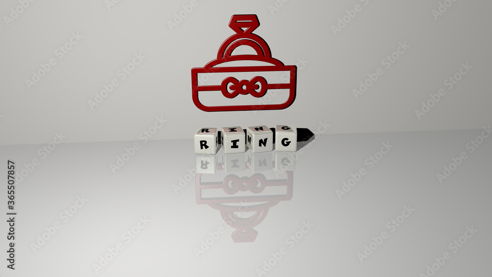 3D representation of RING with icon on the wall and text arranged by metallic cubic letters on a mirror floor for concept meaning and slideshow presentation. background and illustration 3D representation of RING with icon on the wall and text arranged by metallic cubic letters on a mirror floor for concept meaning and slideshow presentation. background and illustration