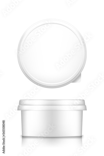 White cheese, butter or margarine round container with lid mockup - front and top view. Blank plastic food package: cream, yogurt, dessert, spread. Product template. Isolated 3d vector illustration