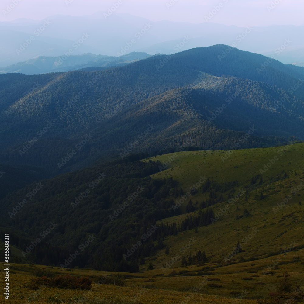 Panoramic view of the sunset in the Carpathian mountains.