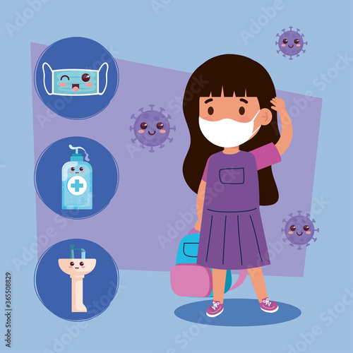 cute girl student wearing medical mask to prevent coronavirus covid 19 with cute icons kawaii vector illustration design