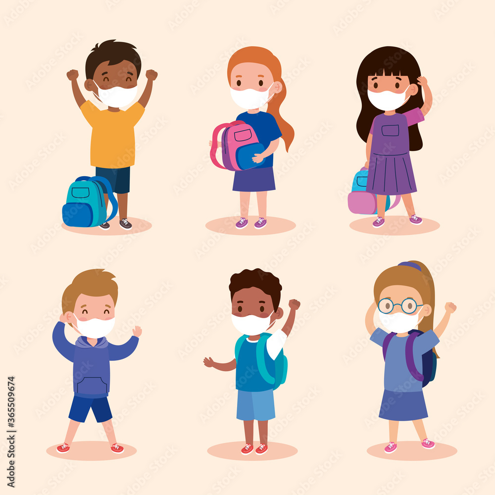 cute children students wearing medical mask to prevent coronavirus covid 19 vector illustration design cute children students wearing medical mask to prevent coronavirus covid 19 vector illustration design