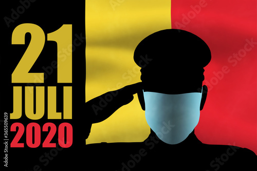 Silhouet van een groetende koning in uniform met medisch masker met belgische vlag en datum, concept van nationale feestdag van belgie op 21 juli 2020 photo
