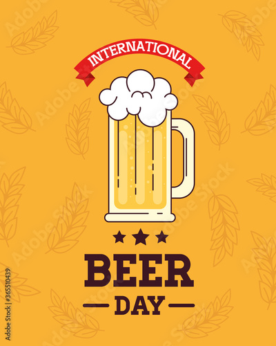 international beer day, august, with mug glass of beer drink and ribbon decoration vector illustration design