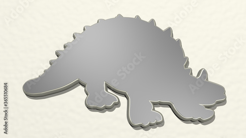 dinosaur from a perspective on the wall. A thick sculpture made of metallic materials of 3D rendering. illustration and animal