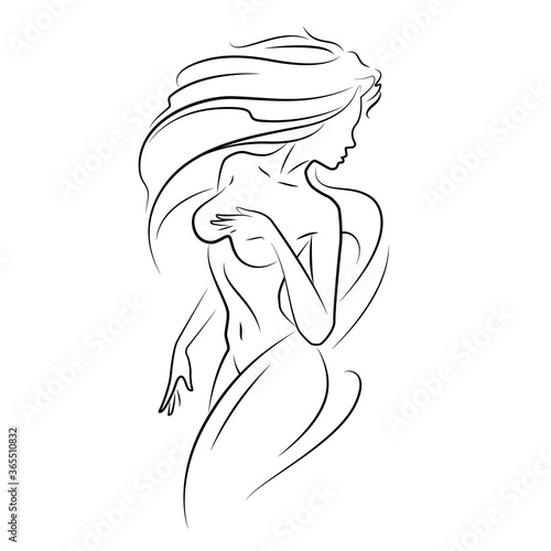 Woman black line silhouette on white background