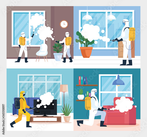set scenes, home disinfection by commercial disinfecting service, disinfection workers with protective suit and spray prevent covid 19 vector illustration design