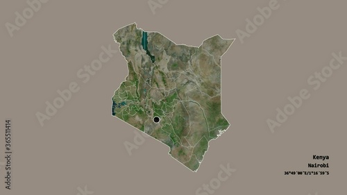 Kisii, county of Kenya, with its capital, localized, outlined and zoomed with informative overlays on a satellite map in the Stereographic projection. Animation 3D photo
