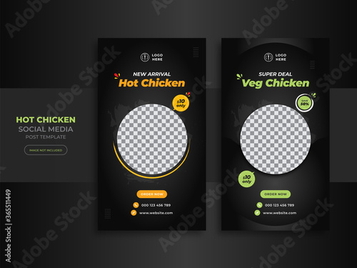Delicious fast food chicken fry or vegetable on bowl social media story post restaurant breakfast sale banner template design with black, orange and yellow background