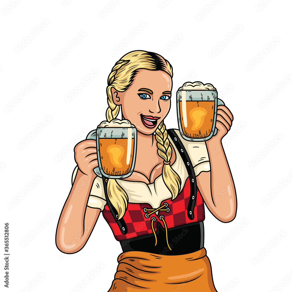 Girl cartoon holding two beer mug with traditional dress in white ...