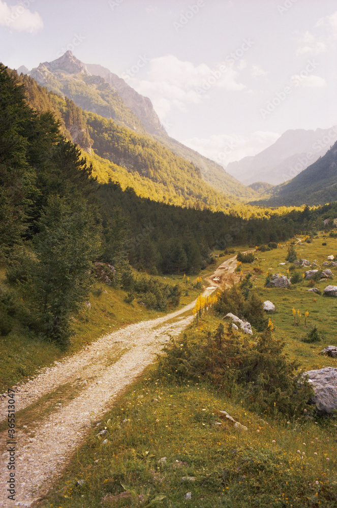 Panoramic view of the mountains of the Prokletije National Park in Montenegro. Real grain scanned film.