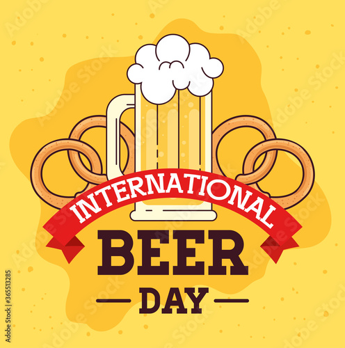 international beer day, august, with mug glass of beer drink and pretzel vector illustration design