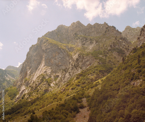 Panoramic view of the mountains of the Prokletije National Park in Montenegro. Real grain scanned film.