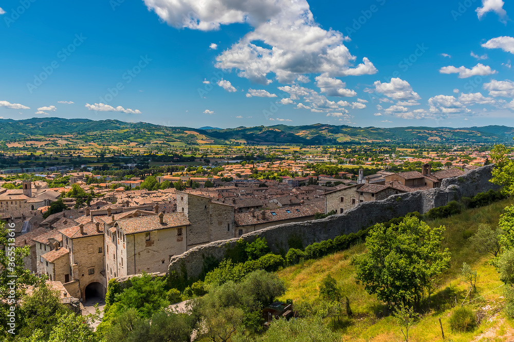 A view from the Colle Eletto cable car westward over the cathedral city of Gubbio, Italy in summer