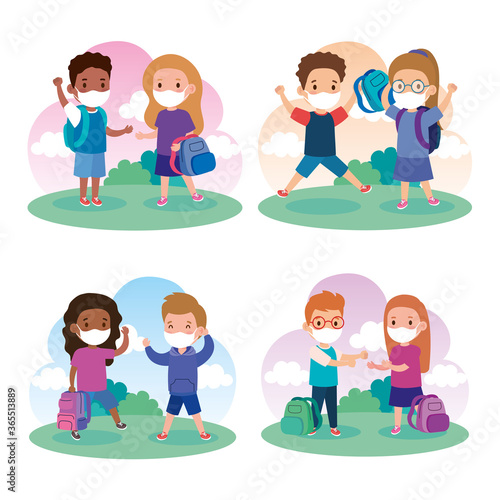 cute children students wearing medical mask to prevent coronavirus covid 19 vector illustration design