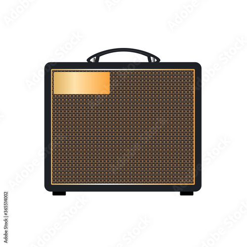 Isolated black vintage electric guitar combo amplifier flat logo or icon style, print for tee-shirt, and graphic design for instrument sales business. vector and illustration.