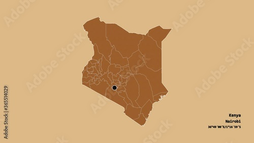 Laikipia, county of Kenya, with its capital, localized, outlined and zoomed with informative overlays on a solid patterned map in the Stereographic projection. Animation 3D photo