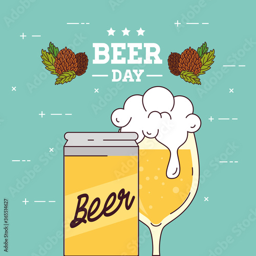 international beer day, august, beers and hop seeds vector illustration design