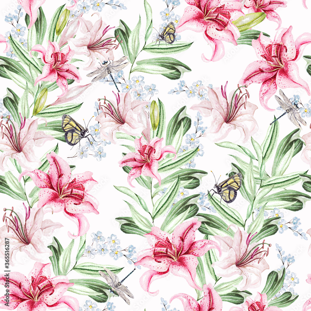Romantic watercolor pattern with flowers lilies and berries. Romantic watercolor pattern with flowers lilies and berries.